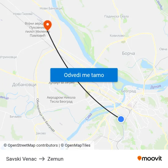 Savski Venac to Zemun map
