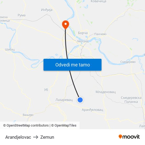 Arandjelovac to Zemun map