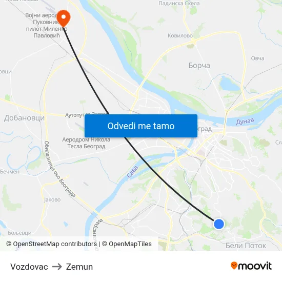 Vozdovac to Zemun map