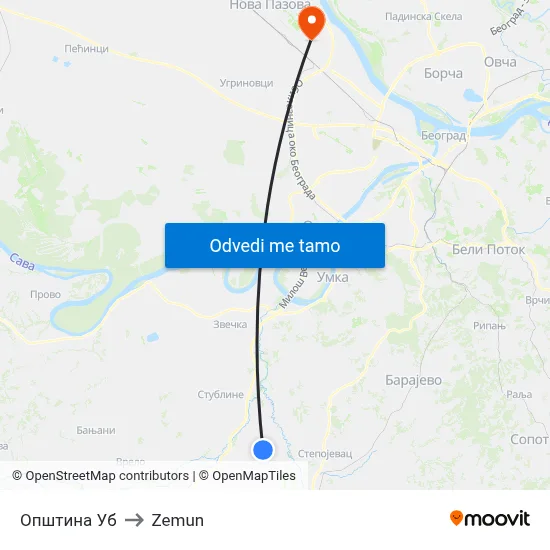 Општина Уб to Zemun map