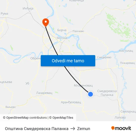 Општина Смедеревска Паланка to Zemun map