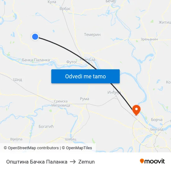 Општина Бачка Паланка to Zemun map