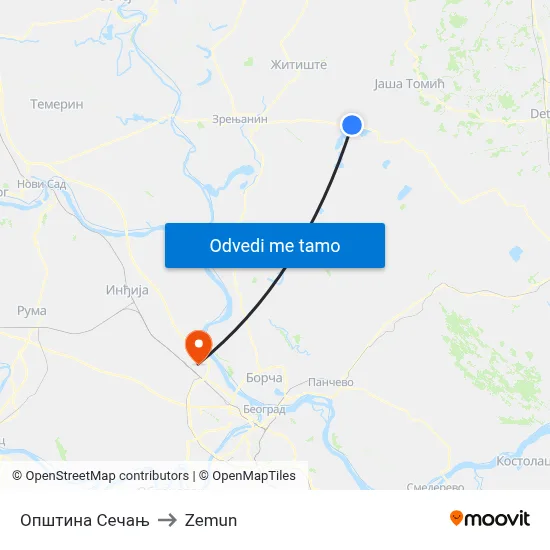 Општина Сечањ to Zemun map