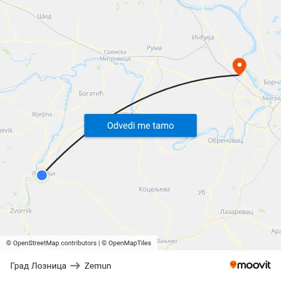 Град Лозница to Zemun map