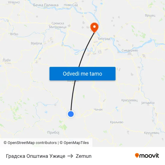 Градска Општина Ужице to Zemun map