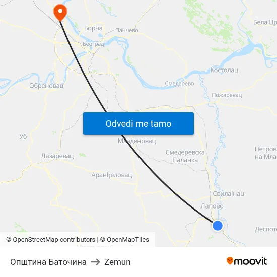 Општина Баточина to Zemun map