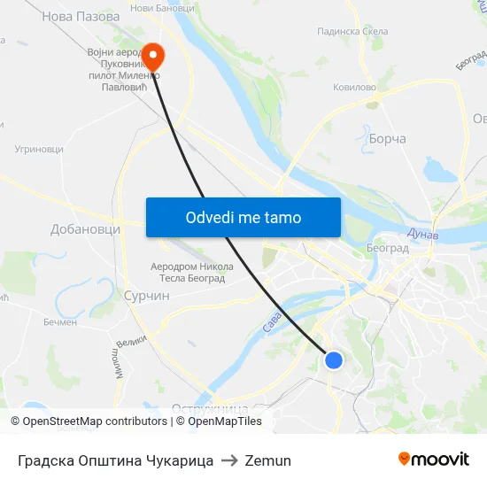 Градска Општина Чукарица to Zemun map