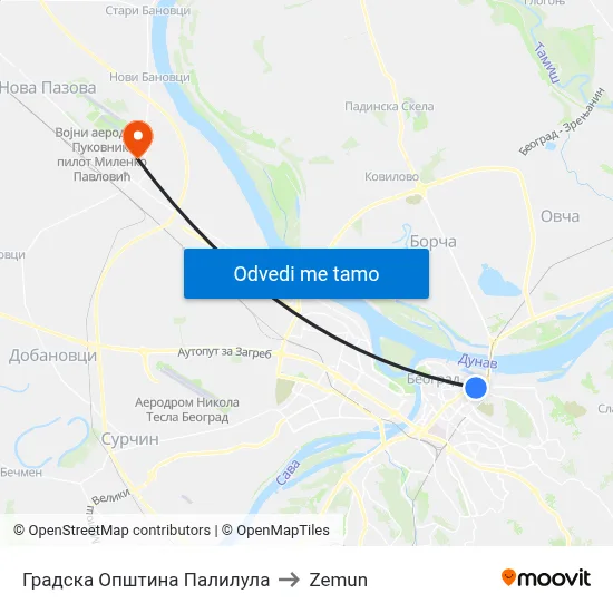 Градска Општина Палилула to Zemun map