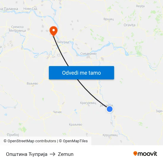 Општина Ћуприја to Zemun map