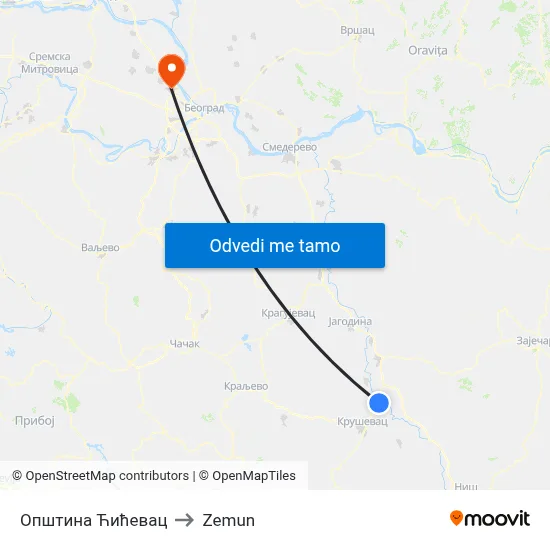 Општина Ћићевац to Zemun map