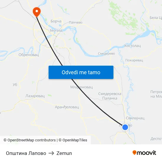 Општина Лапово to Zemun map
