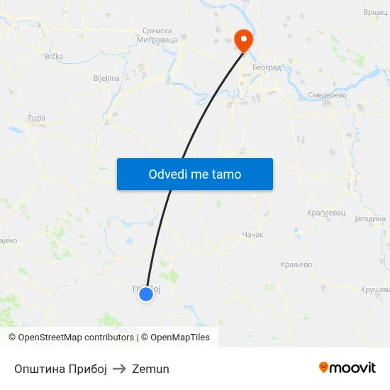 Општина Прибој to Zemun map