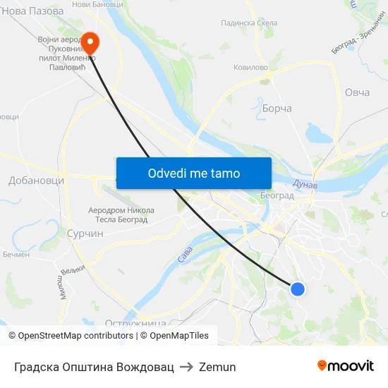 Градска Општина Вождовац to Zemun map