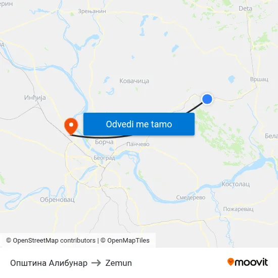 Општина Алибунар to Zemun map