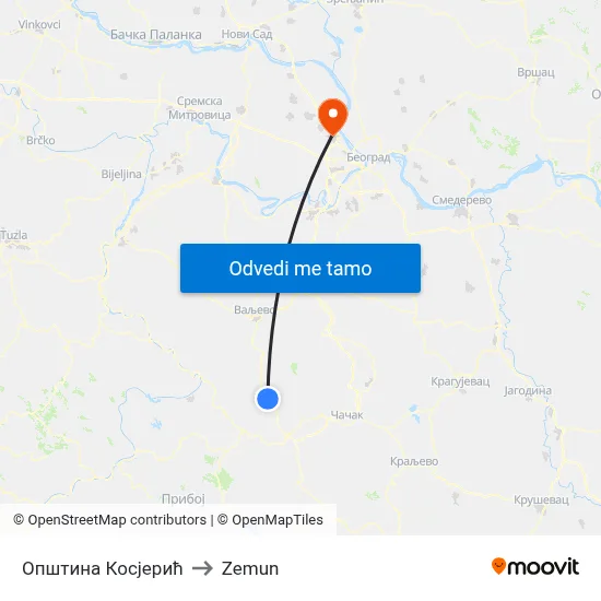 Општина Косјерић to Zemun map