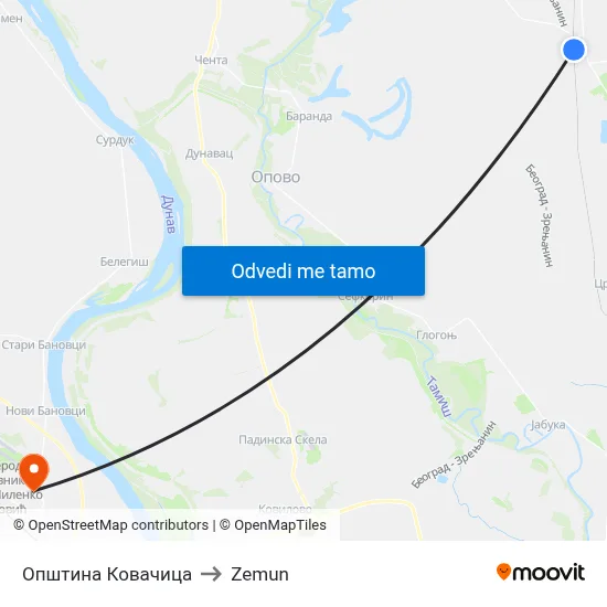 Општина Ковачица to Zemun map