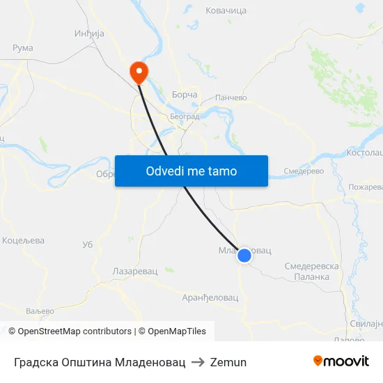 Градска Општина Младеновац to Zemun map
