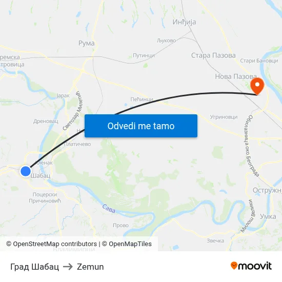 Град Шабац to Zemun map