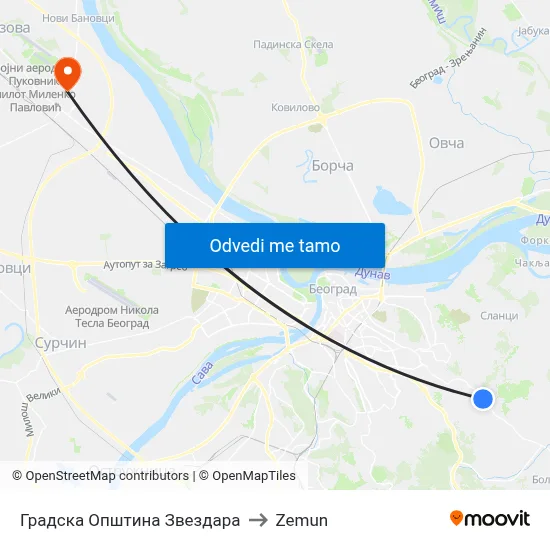 Градска Општина Звездара to Zemun map