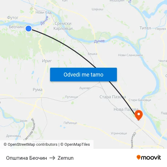 Општина Беочин to Zemun map