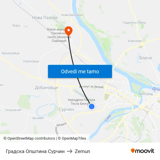 Градска Општина Сурчин to Zemun map