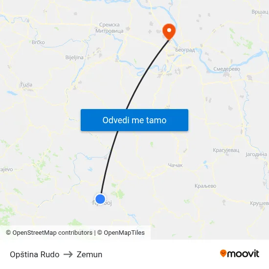 Opština Rudo to Zemun map