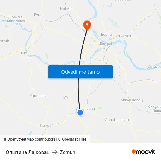 Општина Лајковац to Zemun map