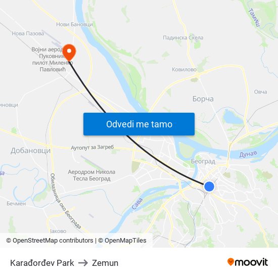 Karađorđev Park to Zemun map