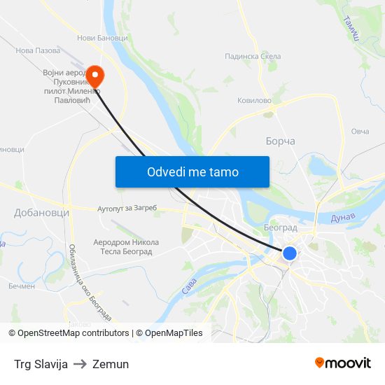 Trg Slavija to Zemun map
