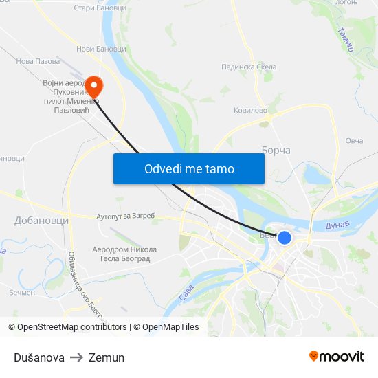 Dušanova to Zemun map