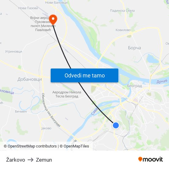 Žarkovo to Zemun map