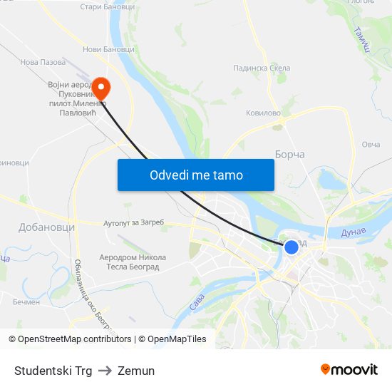 Studentski Trg to Zemun map