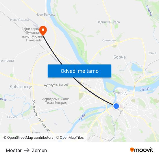 Mostar to Zemun map