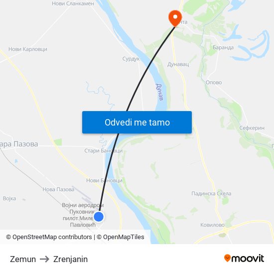 Zemun to Zrenjanin map