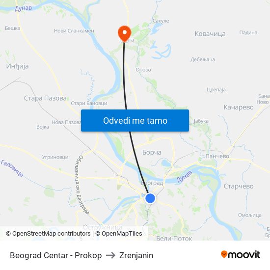 Beograd Centar - Prokop to Zrenjanin map