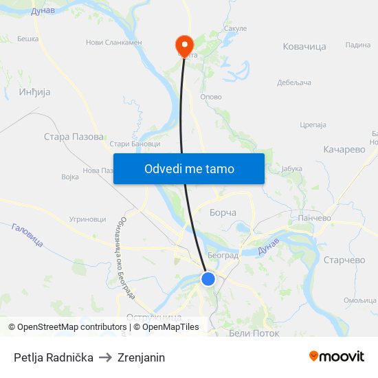 Petlja Radnička to Zrenjanin map