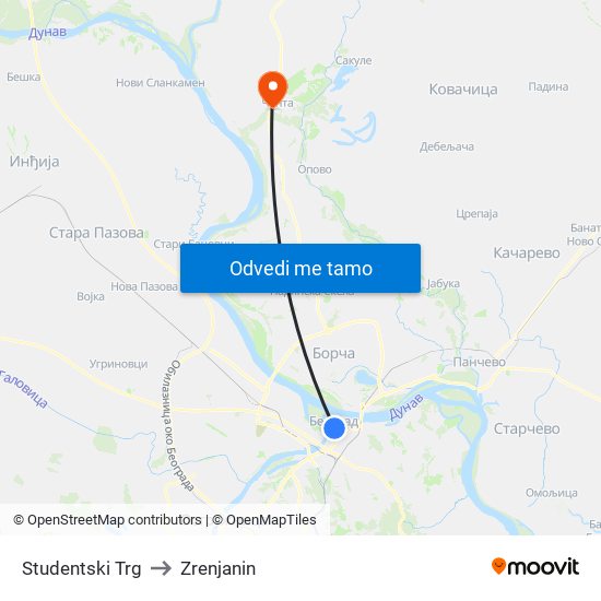 Studentski Trg to Zrenjanin map
