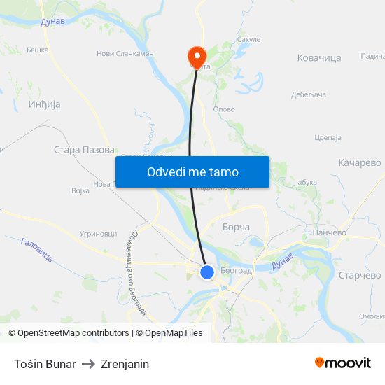 Tošin Bunar to Zrenjanin map