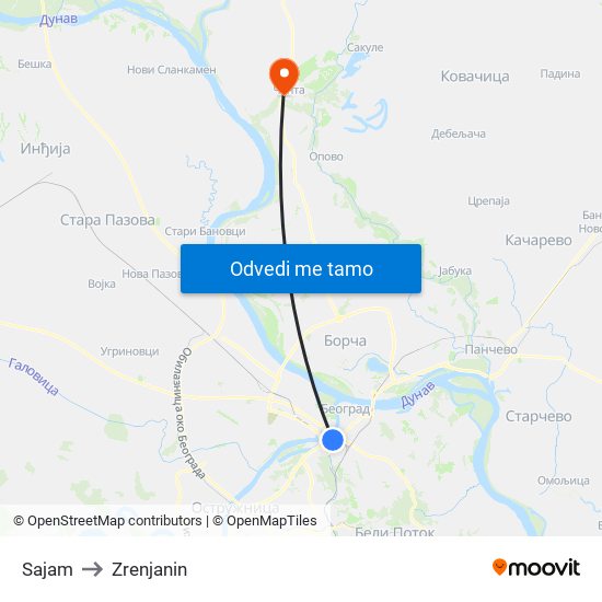 Sajam to Zrenjanin map