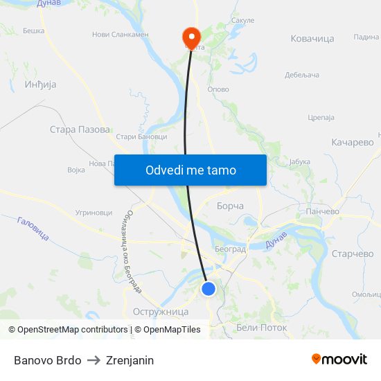 Banovo Brdo to Zrenjanin map