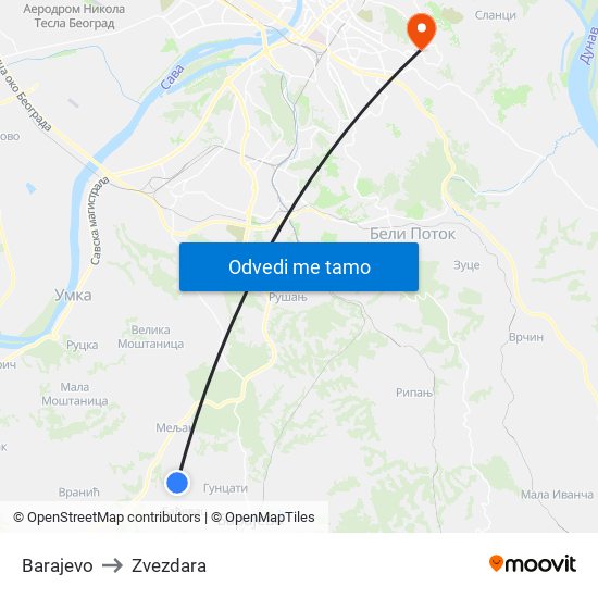 Barajevo to Zvezdara map