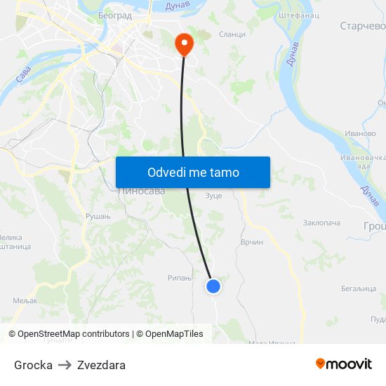 Grocka to Zvezdara map