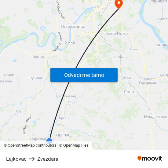 Lajkovac to Zvezdara map