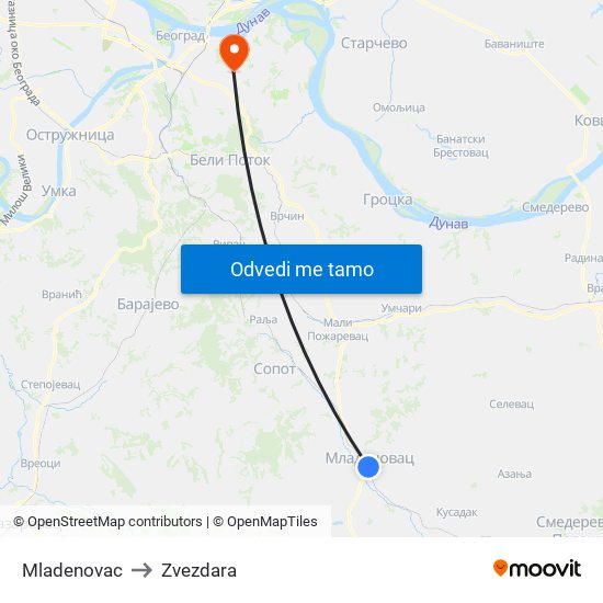 Mladenovac to Zvezdara map