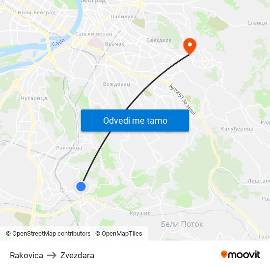 Rakovica to Zvezdara map