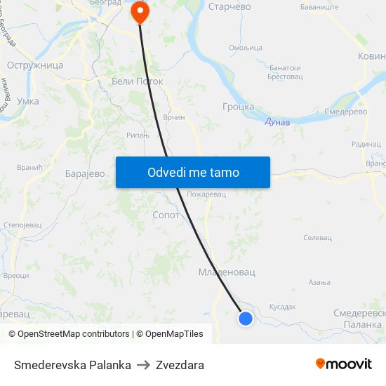 Smederevska Palanka to Zvezdara map