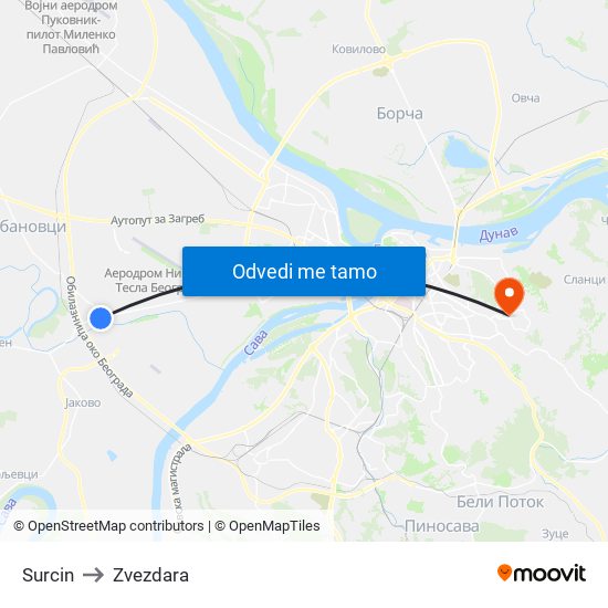 Surcin to Zvezdara map