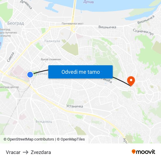 Vracar to Zvezdara map
