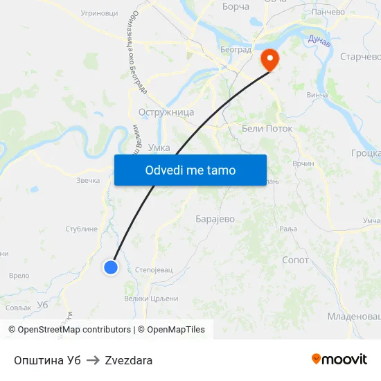 Општина Уб to Zvezdara map