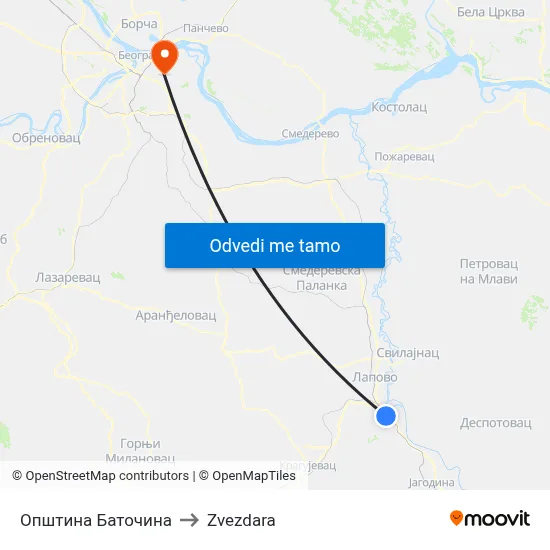 Општина Баточина to Zvezdara map